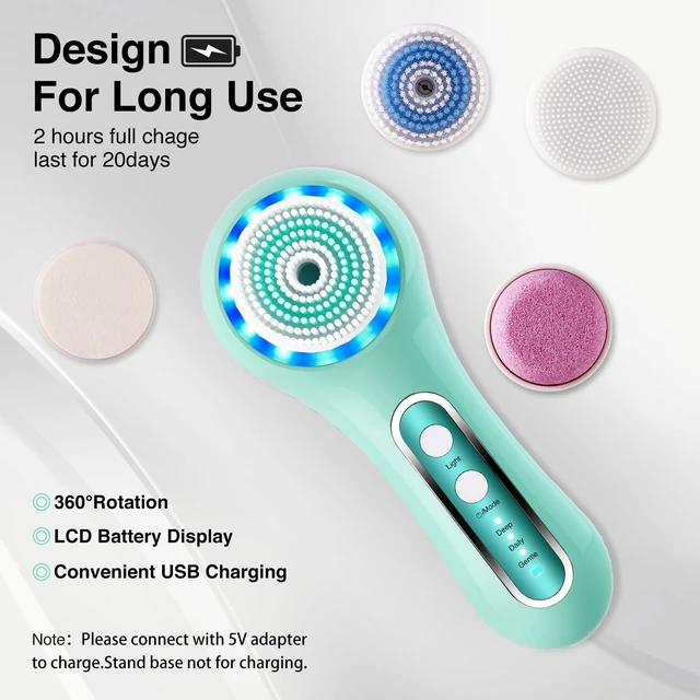 Alt view image 7 of 7 - Electric Facial Cleansing Brush, 2-Way Rotating Face Scrubber for Daily & Deep Cleaning, 3 Modes, 5 Brush Heads, Rechargeable, IPX7 Waterproof for All Skin Types