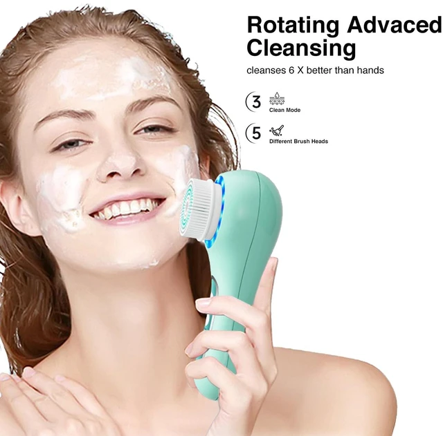 Alt view image 5 of 7 - Electric Facial Cleansing Brush, 2-Way Rotating Face Scrubber for Daily & Deep Cleaning, 3 Modes, 5 Brush Heads, Rechargeable, IPX7 Waterproof for All Skin Types