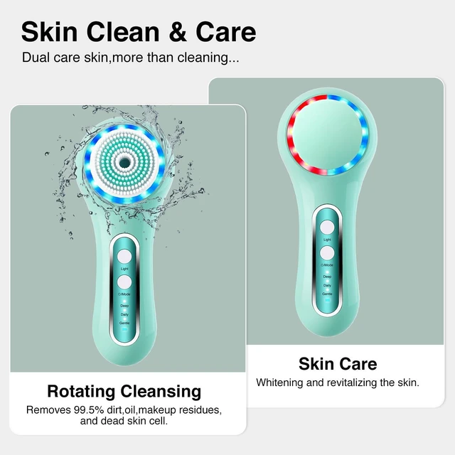 Alt view image 3 of 7 - Electric Facial Cleansing Brush, 2-Way Rotating Face Scrubber for Daily & Deep Cleaning, 3 Modes, 5 Brush Heads, Rechargeable, IPX7 Waterproof for All Skin Types