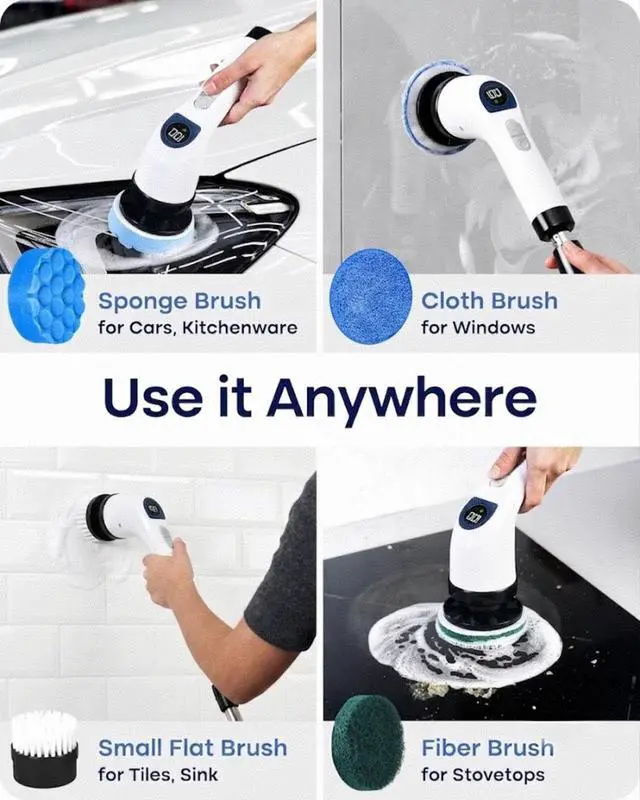 Alt view image 5 of 7 - Electric Spin Scrubber for Cleaning, Adjustable Shower Brush with 7 Replaceable Heads & Power LED Display, 2 Speed Waterproof Cordless Shower Scrubber for Bathtub, Kitchen, Car, White