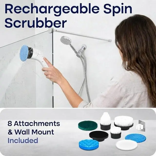 Alt view image 7 of 7 - Electric Spin Scrubber for Cleaning, Adjustable Shower Brush with 7 Replaceable Heads & Power LED Display, 2 Speed Waterproof Cordless Shower Scrubber for Bathtub, Kitchen, Car, White