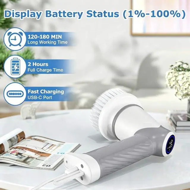 Alt view image 6 of 7 - Electric Spin Scrubber, Cordless Power Scrubber & Electric Cleaning Brush with 7 Replaceable Heads, Dual Speed IPX7 Waterproof Handheld Scrubber for Bathroom, Shower & Tile Cleaning