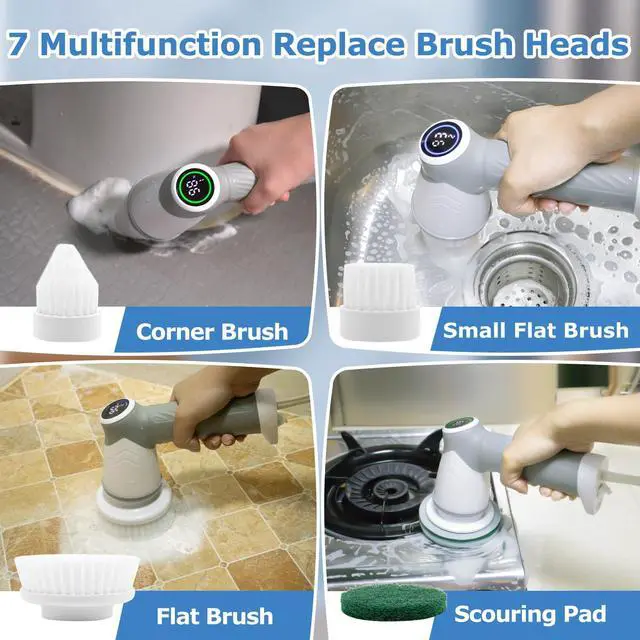 Alt view image 4 of 7 - Electric Spin Scrubber, Cordless Power Scrubber & Electric Cleaning Brush with 7 Replaceable Heads, Dual Speed IPX7 Waterproof Handheld Scrubber for Bathroom, Shower & Tile Cleaning