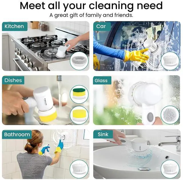 Alt view image 2 of 7 - Electric Spin Scrubber, Cordless Bathroom Scrubber IPX6 Waterproof with 5 Replaceable Heads, Power Scrub Brush for Shower, Tiles, Kitchen Scrub Brush for Cleaning