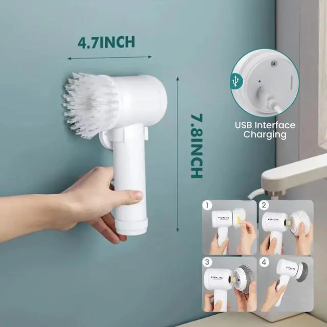 Alt view image 5 of 7 - Electric Spin Scrubber, Cordless Bathroom Scrubber IPX6 Waterproof with 5 Replaceable Heads, Power Scrub Brush for Shower, Tiles, Kitchen Scrub Brush for Cleaning