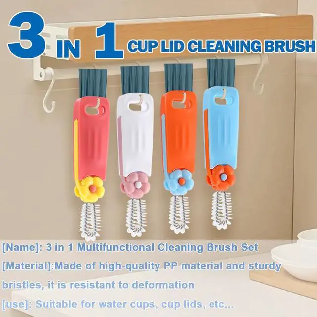 Alt view image 5 of 6 - 3 in 1 Cup Lid Cleaning Brush, 4PCS Multifunctional Crevice Cleaning Brush for Water Bottle Insulated Cup Tumbler Lid Groove Narrow Space Detail Cleaner Home Kitchen Gadgets