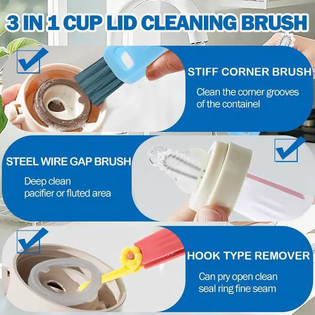 Alt view image 3 of 6 - 3 in 1 Cup Lid Cleaning Brush, 4PCS Multifunctional Crevice Cleaning Brush for Water Bottle Insulated Cup Tumbler Lid Groove Narrow Space Detail Cleaner Home Kitchen Gadgets