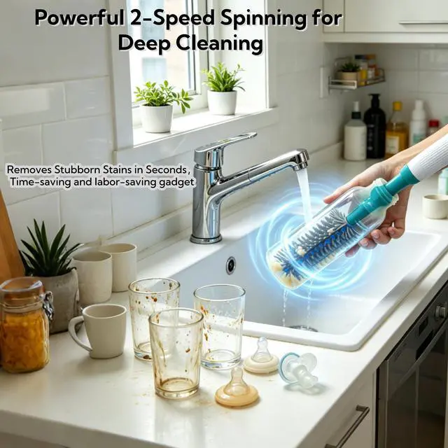 Alt view image 2 of 7 - Electric Bottle Brush Set, 6-in-1 Electric Cleaning Brush with Waterproof Silicone Cleaner, 3 Replaceable Brush Heads, Straw Brush & Extension Rod, for Baby Feeding Supplies and Kitchen Utensils