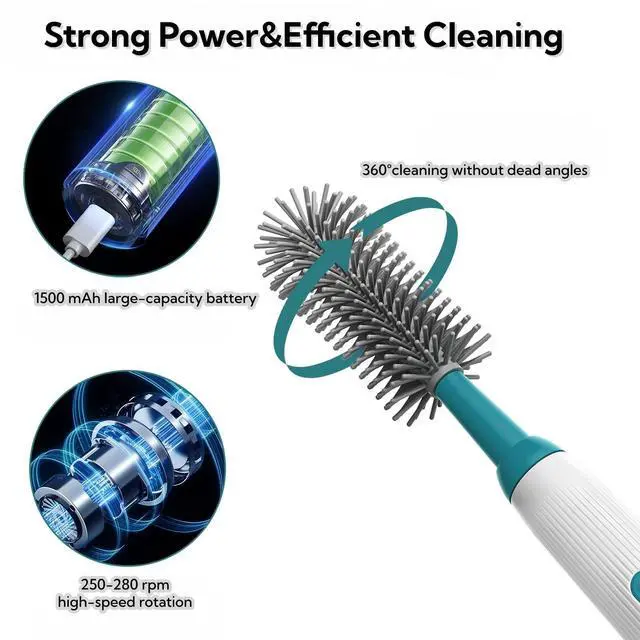 Alt view image 6 of 7 - Electric Bottle Brush Set, 6-in-1 Electric Cleaning Brush with Waterproof Silicone Cleaner, 3 Replaceable Brush Heads, Straw Brush & Extension Rod, for Baby Feeding Supplies and Kitchen Utensils