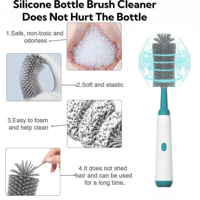 Alt view image 5 of 7 - Electric Bottle Brush Set, 6-in-1 Electric Cleaning Brush with Waterproof Silicone Cleaner, 3 Replaceable Brush Heads, Straw Brush & Extension Rod, for Baby Feeding Supplies and Kitchen Utensils