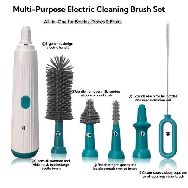 Alt view image 7 of 7 - Electric Bottle Brush Set, 6-in-1 Electric Cleaning Brush with Waterproof Silicone Cleaner, 3 Replaceable Brush Heads, Straw Brush & Extension Rod, for Baby Feeding Supplies and Kitchen Utensils