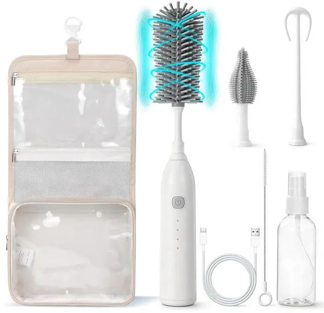 Main image of Electric Baby Bottle Brush Cleaner, 7-in-1 Portable Cleaning Set with Soap Dispenser & Travel Bag, 150-Min Runtime, Silicone Brush for Nipple/Straw/Formula Mixing, IPX6 Waterproof
