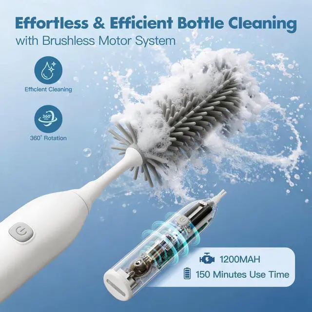 Alt view image 2 of 7 - Electric Baby Bottle Brush Cleaner, 7-in-1 Portable Cleaning Set with Soap Dispenser & Travel Bag, 150-Min Runtime, Silicone Brush for Nipple/Straw/Formula Mixing, IPX6 Waterproof
