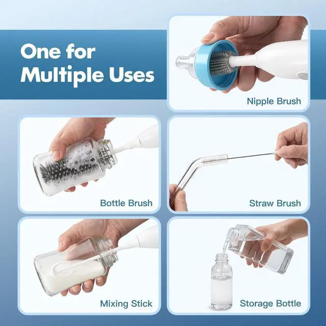 Alt view image 3 of 7 - Electric Baby Bottle Brush Cleaner, 7-in-1 Portable Cleaning Set with Soap Dispenser & Travel Bag, 150-Min Runtime, Silicone Brush for Nipple/Straw/Formula Mixing, IPX6 Waterproof