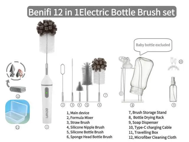 Alt view image 6 of 7 - Electric Bottle Cleaner Pro, 11 in 1 Baby Bottle Brush with Drying Rack, Sponge Brush, Silicon Brush, Formula Mixer, Nipple Brush, Soap Dispenser, Microfiber Cleaning Cloth Included