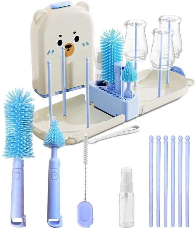 Main image of Blue Travel Bottle Cleaner Kit with Drying Rack 6-in-1 Baby Bottle Washer & Silicone Brush Set for Pump Parts, Nipples & Straws Portable Baby Travel Essential in Compact Case