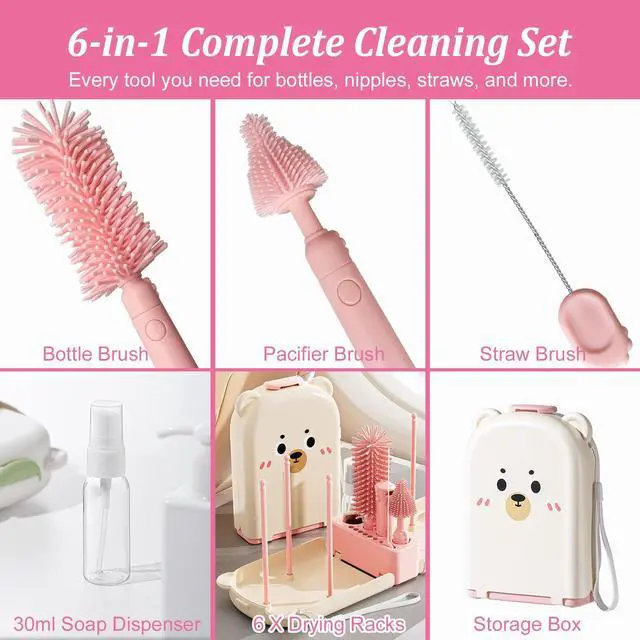 Alt view image 3 of 7 - Pink Travel Baby Bottle Cleaner Kit 6-in-1 Portable Brush Set with Drying Rack & Storage Case | Baby Travel Essentials for Flying, Newborn Bottle Cleaning & Breast Pump Parts On-The-Go