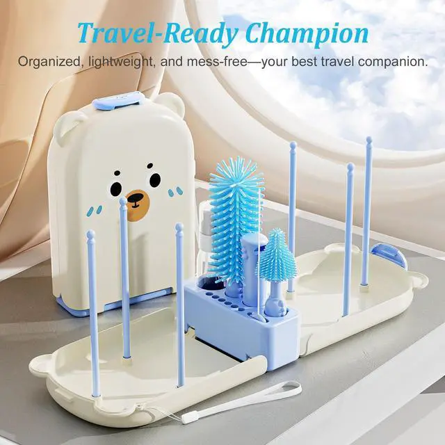 Alt view image 2 of 7 - Blue Travel Bottle Cleaner Kit with Drying Rack 6-in-1 Baby Bottle Washer & Silicone Brush Set for Pump Parts, Nipples & Straws Portable Baby Travel Essential in Compact Case