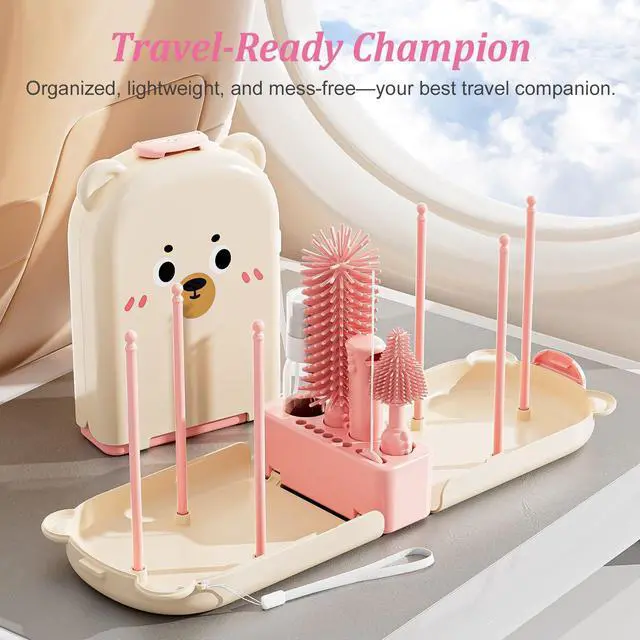 Alt view image 7 of 7 - Pink Travel Baby Bottle Cleaner Kit 6-in-1 Portable Brush Set with Drying Rack & Storage Case | Baby Travel Essentials for Flying, Newborn Bottle Cleaning & Breast Pump Parts On-The-Go