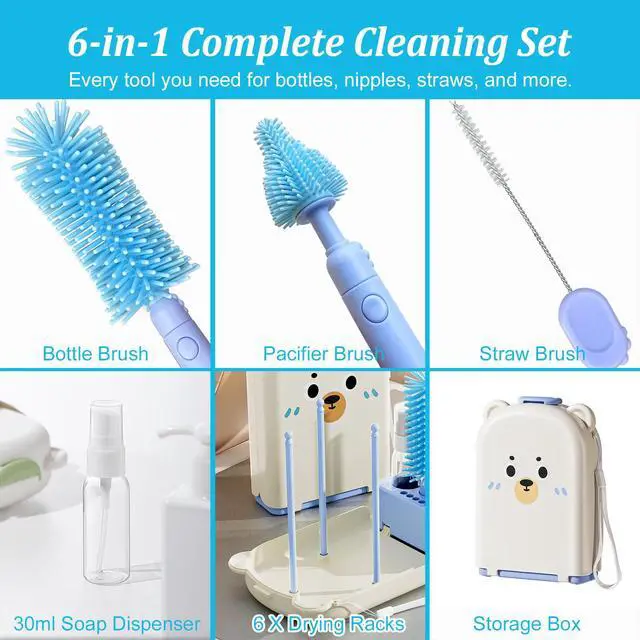 Alt view image 5 of 7 - Blue Travel Bottle Cleaner Kit with Drying Rack 6-in-1 Baby Bottle Washer & Silicone Brush Set for Pump Parts, Nipples & Straws Portable Baby Travel Essential in Compact Case