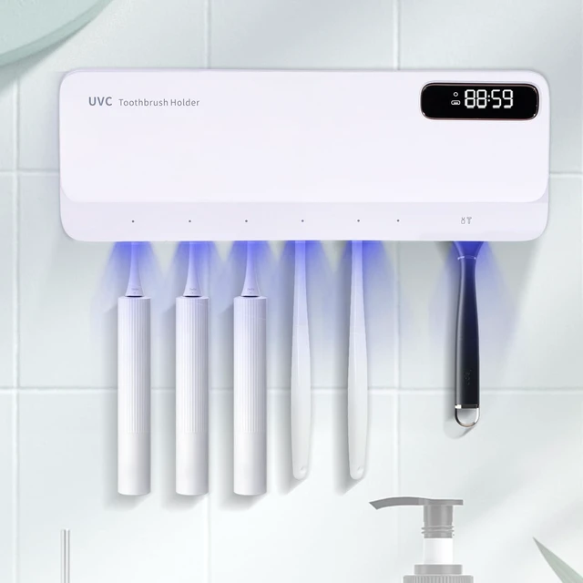 Main image of UV Toothbrush Sanitizeri Holder with 99.9% Cleaning,Air Dry,Heating,5+1+1 Slots,12 Hour Memory,Rechargeable Wall Mounted Strong Adhesive Toothbrush Holder with Cover for Bathroom(White)