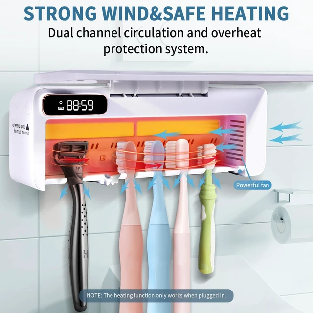 Alt view image 3 of 7 - UV Toothbrush Sanitizeri Holder with 99.9% Cleaning,Air Dry,Heating,5+1+1 Slots,12 Hour Memory,Rechargeable Wall Mounted Strong Adhesive Toothbrush Holder with Cover for Bathroom(White)