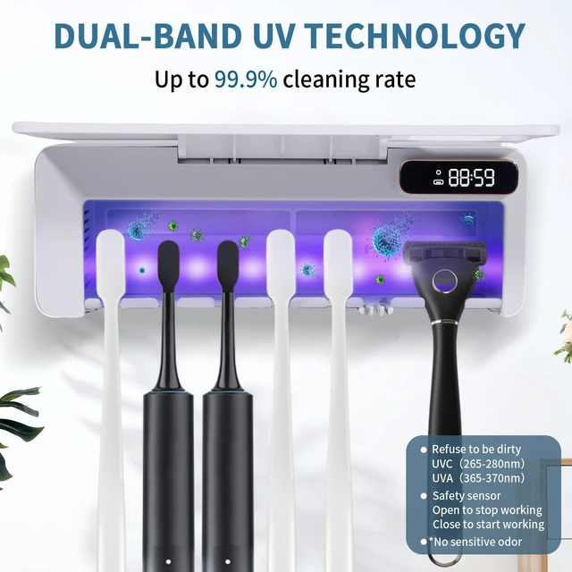 Alt view image 2 of 7 - UV Toothbrush Sanitizeri Holder with 99.9% Cleaning,Air Dry,Heating,5+1+1 Slots,12 Hour Memory,Rechargeable Wall Mounted Strong Adhesive Toothbrush Holder with Cover for Bathroom(White)