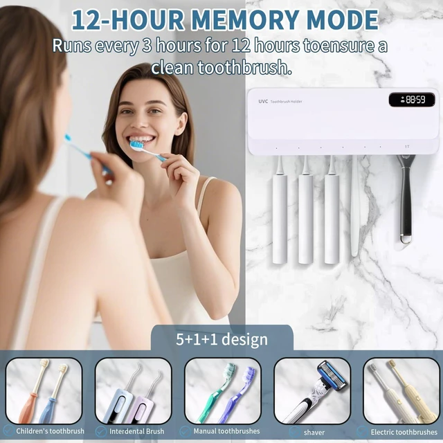 Alt view image 4 of 7 - UV Toothbrush Sanitizeri Holder with 99.9% Cleaning,Air Dry,Heating,5+1+1 Slots,12 Hour Memory,Rechargeable Wall Mounted Strong Adhesive Toothbrush Holder with Cover for Bathroom(White)