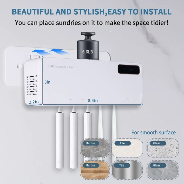 Alt view image 6 of 7 - UV Toothbrush Sanitizeri Holder with 99.9% Cleaning,Air Dry,Heating,5+1+1 Slots,12 Hour Memory,Rechargeable Wall Mounted Strong Adhesive Toothbrush Holder with Cover for Bathroom(White)