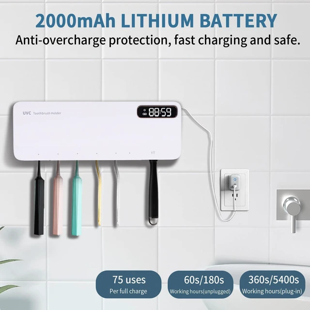 Alt view image 5 of 7 - UV Toothbrush Sanitizeri Holder with 99.9% Cleaning,Air Dry,Heating,5+1+1 Slots,12 Hour Memory,Rechargeable Wall Mounted Strong Adhesive Toothbrush Holder with Cover for Bathroom(White)
