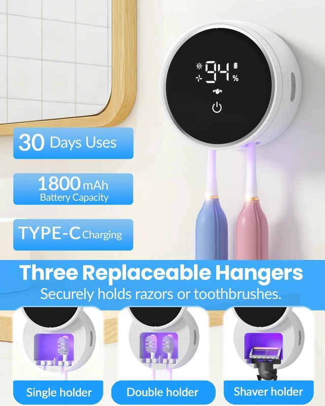 Alt view image 2 of 3 - Toothbrush Sanitizer and Holder, Toothbrush Holders for Bathroom, Tooth Brush Wall-Mounted Cleaner Organizer with Auto-Inductive Cover, Air Drying Fits Most Electric, Manual and Kids Toothbrushes