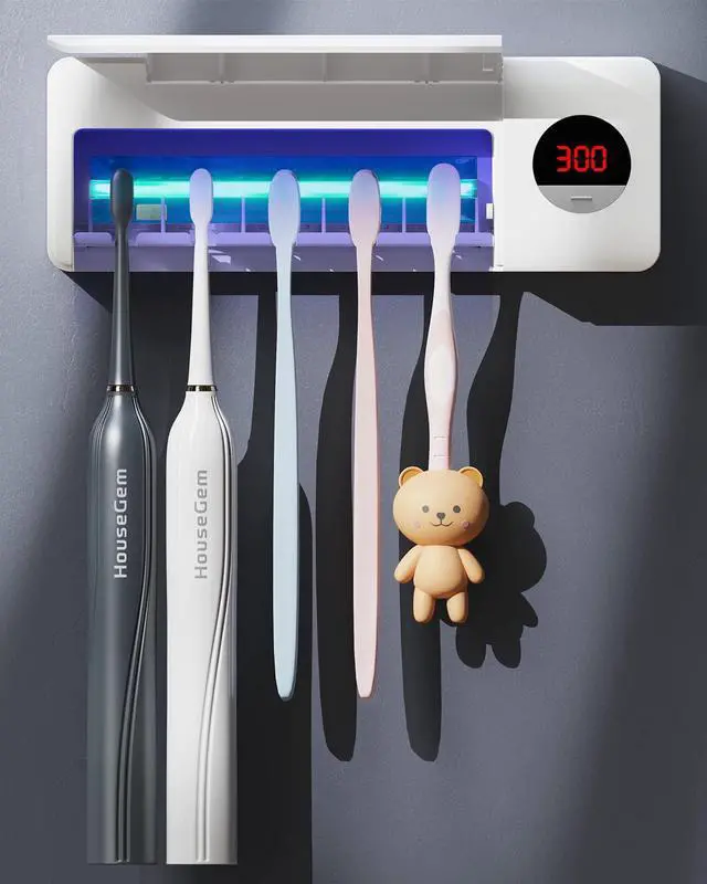 Main image of Toothbrush Holder for Bathroom Wall Mounted, Rechargeable - White | EPA Certified; 300s Smart Timer; 2000mAh Battery; LCD Working Display; Holds 5 Toothbrushes; Easy Wall Mount