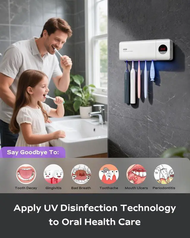 Alt view image 3 of 7 - Toothbrush Holder for Bathroom Wall Mounted, Rechargeable - White | EPA Certified; 300s Smart Timer; 2000mAh Battery; LCD Working Display; Holds 5 Toothbrushes; Easy Wall Mount