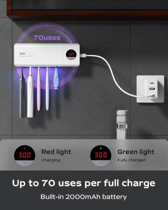 Alt view image 4 of 7 - Toothbrush Holder for Bathroom Wall Mounted, Rechargeable - White | EPA Certified; 300s Smart Timer; 2000mAh Battery; LCD Working Display; Holds 5 Toothbrushes; Easy Wall Mount