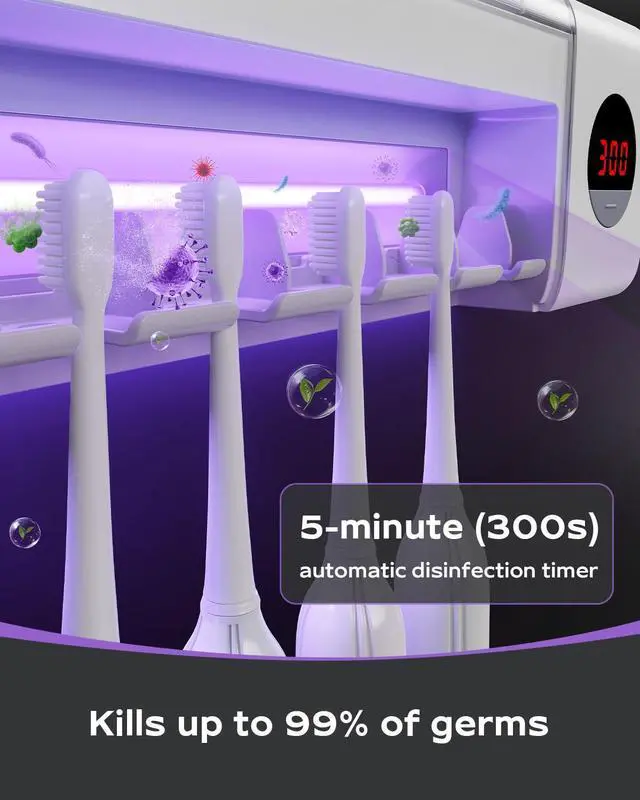 Alt view image 6 of 7 - Toothbrush Holder for Bathroom Wall Mounted, Rechargeable - White | EPA Certified; 300s Smart Timer; 2000mAh Battery; LCD Working Display; Holds 5 Toothbrushes; Easy Wall Mount