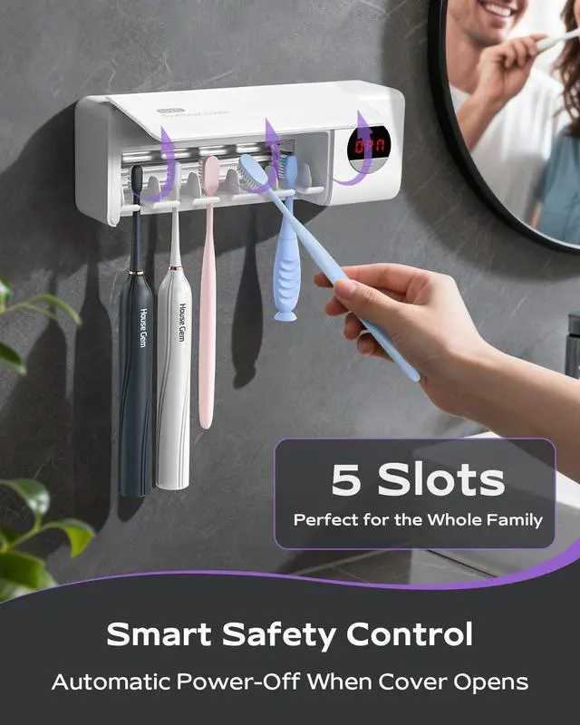 Alt view image 5 of 7 - Toothbrush Holder for Bathroom Wall Mounted, Rechargeable - White | EPA Certified; 300s Smart Timer; 2000mAh Battery; LCD Working Display; Holds 5 Toothbrushes; Easy Wall Mount