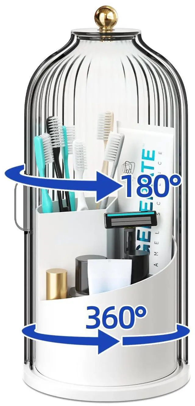 Main image of Dustproof Toothbrush Holders with Cover for Bathrooms, Rotating Covered Tooth Brush Holder for Bathroom Counter, Dust Proof Plastic Makeup Brush Holder Organizer with Sliding Lid for Vanity,Grey White