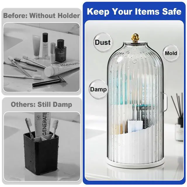 Alt view image 3 of 7 - Dustproof Toothbrush Holders with Cover for Bathrooms, Rotating Covered Tooth Brush Holder for Bathroom Counter, Dust Proof Plastic Makeup Brush Holder Organizer with Sliding Lid for Vanity,Grey White