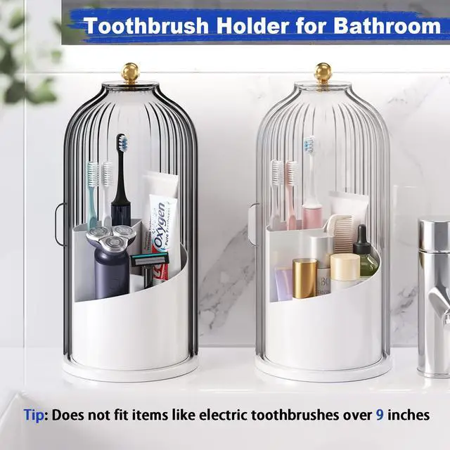 Alt view image 7 of 7 - Dustproof Toothbrush Holders with Cover for Bathrooms, Rotating Covered Tooth Brush Holder for Bathroom Counter, Dust Proof Plastic Makeup Brush Holder Organizer with Sliding Lid for Vanity,Grey White