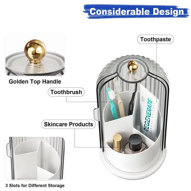 Alt view image 6 of 7 - Dustproof Toothbrush Holders with Cover for Bathrooms, Rotating Covered Tooth Brush Holder for Bathroom Counter, Dust Proof Plastic Makeup Brush Holder Organizer with Sliding Lid for Vanity,Grey White