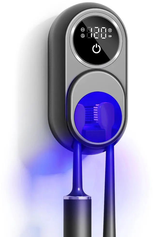 Main image of UV Toothbrush Sanitizer Holder, Auto-Sensor Wall-Mount Tooth Brush Cleaner with Heated Drying, 2 Slots LED Smart Screen for Bathroom (Black