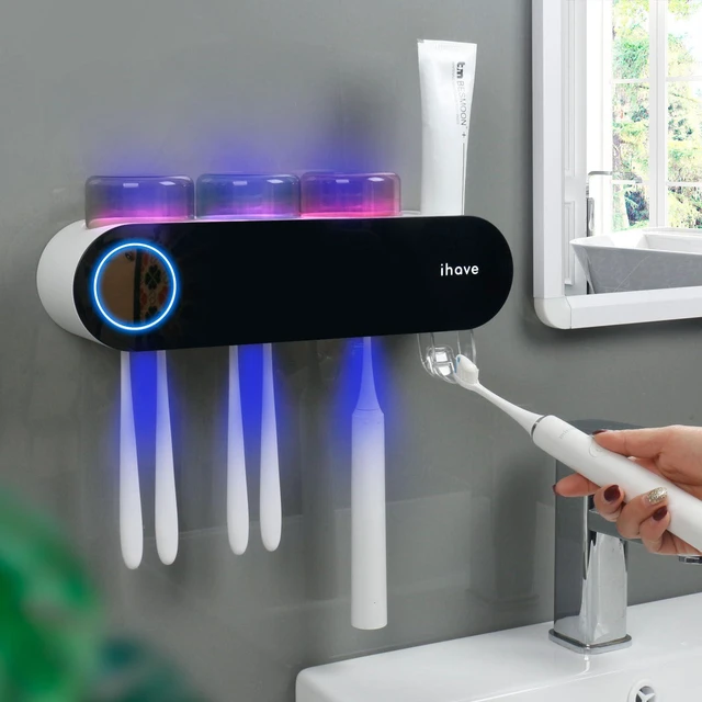Alt view image 2 of 7 - UV Toothbrush Sanitizer Holder Wall Mount Toothpaste Dispenser, 3-Cup | Auto-Cycle Disinfection Toothbrush Holders UV Toothbrush Sanitizer & Toothpaste Dispenser, Breathing Light