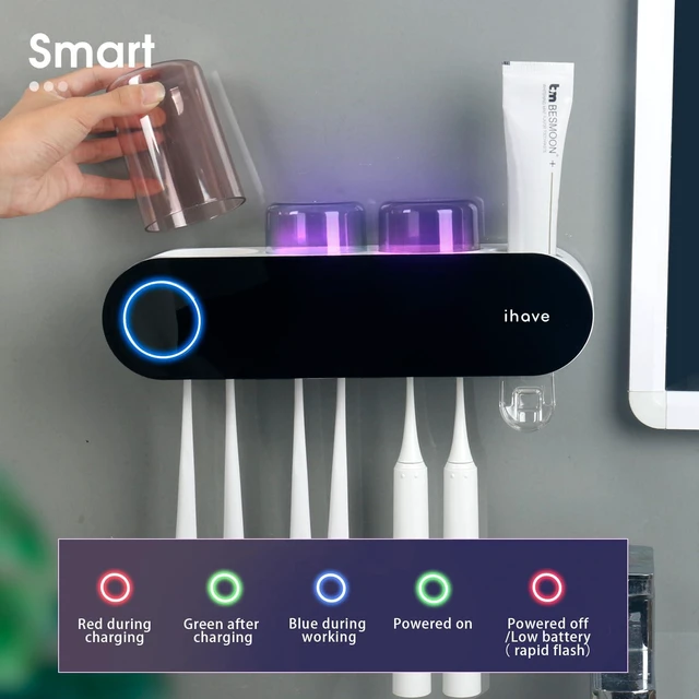 Alt view image 4 of 7 - UV Toothbrush Sanitizer Holder Wall Mount Toothpaste Dispenser, 3-Cup | Auto-Cycle Disinfection Toothbrush Holders UV Toothbrush Sanitizer & Toothpaste Dispenser, Breathing Light