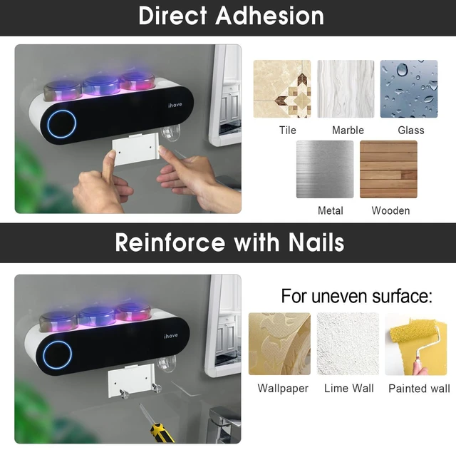 Alt view image 6 of 7 - UV Toothbrush Sanitizer Holder Wall Mount Toothpaste Dispenser, 3-Cup | Auto-Cycle Disinfection Toothbrush Holders UV Toothbrush Sanitizer & Toothpaste Dispenser, Breathing Light