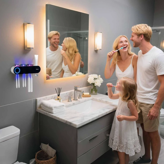 Alt view image 5 of 7 - UV Toothbrush Sanitizer Holder Wall Mount Toothpaste Dispenser, 3-Cup | Auto-Cycle Disinfection Toothbrush Holders UV Toothbrush Sanitizer & Toothpaste Dispenser, Breathing Light