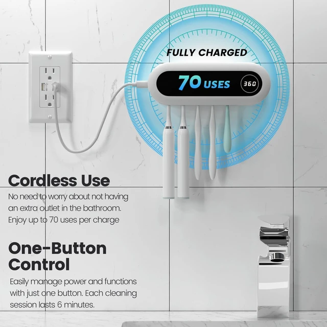 Alt view image 3 of 7 - Toothbrush Holder Wall Mounted, 5 Slots, 6-Minute Timer | Toothbrush Cleaner, Strong Adhesive & Screw Mount, Fits Manual & Electric Brushes, Removable Slots, Countdown Display