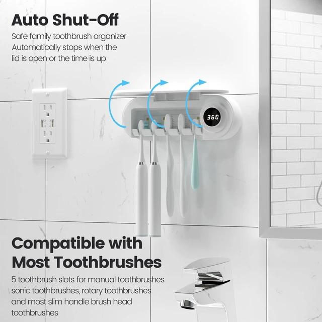 Alt view image 4 of 7 - Toothbrush Holder Wall Mounted, 5 Slots, 6-Minute Timer | Toothbrush Cleaner, Strong Adhesive & Screw Mount, Fits Manual & Electric Brushes, Removable Slots, Countdown Display