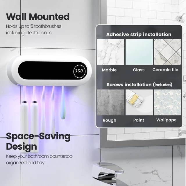 Alt view image 5 of 7 - Toothbrush Holder Wall Mounted, 5 Slots, 6-Minute Timer | Toothbrush Cleaner, Strong Adhesive & Screw Mount, Fits Manual & Electric Brushes, Removable Slots, Countdown Display