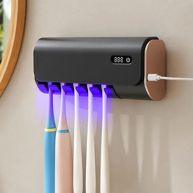 Main image of Toothbrush Holder for Bathrooms, Timer Function & 5 Toothbrush Slots Rechargeable Cordless Wall-Mounted Toothbrush Holder with Drying Functions, No Drilling(Black)