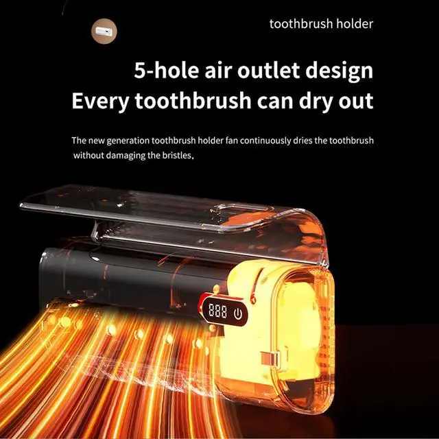 Alt view image 3 of 6 - Toothbrush Holder for Bathrooms, Timer Function & 5 Toothbrush Slots Rechargeable Cordless Wall-Mounted Toothbrush Holder with Drying Functions, No Drilling(Black)
